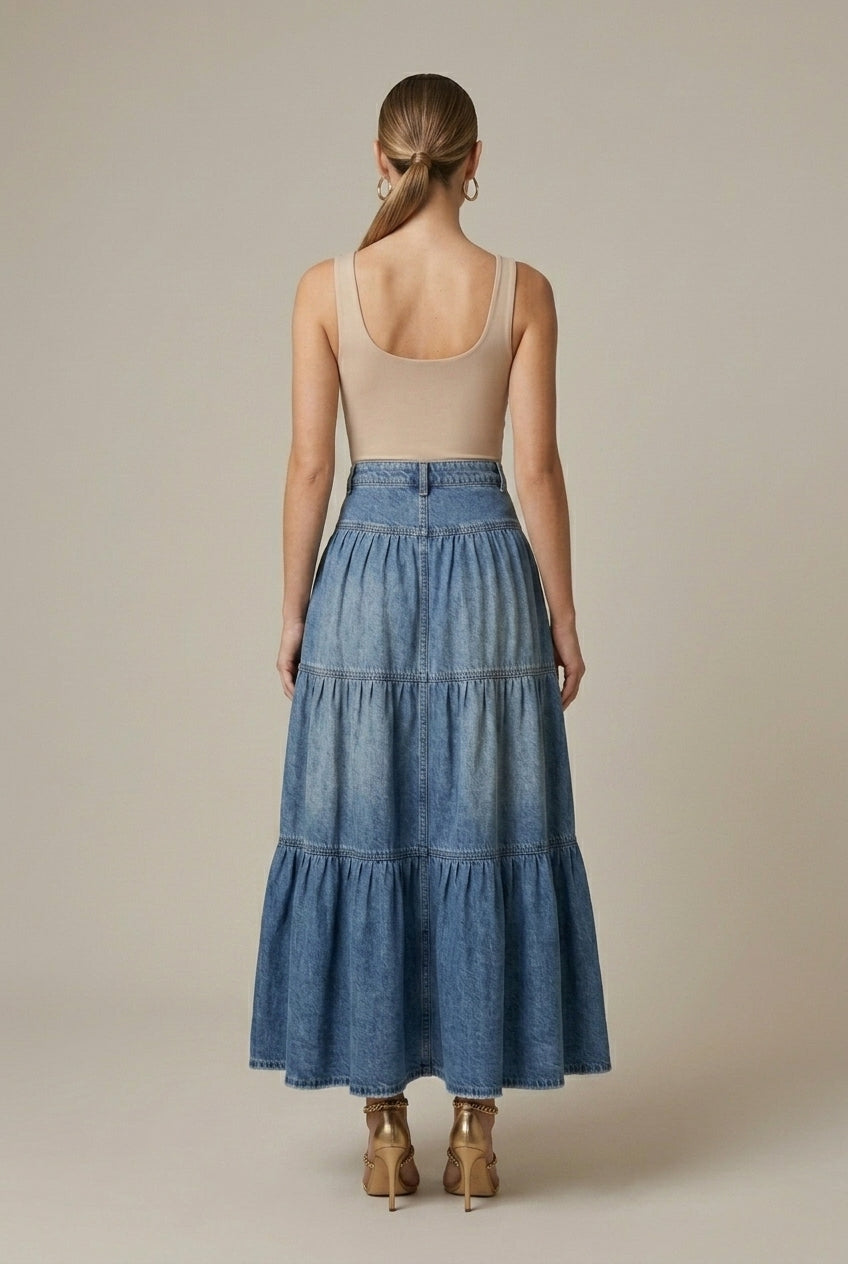 Women's Denim Maxi Skirt Tiered Button-Front