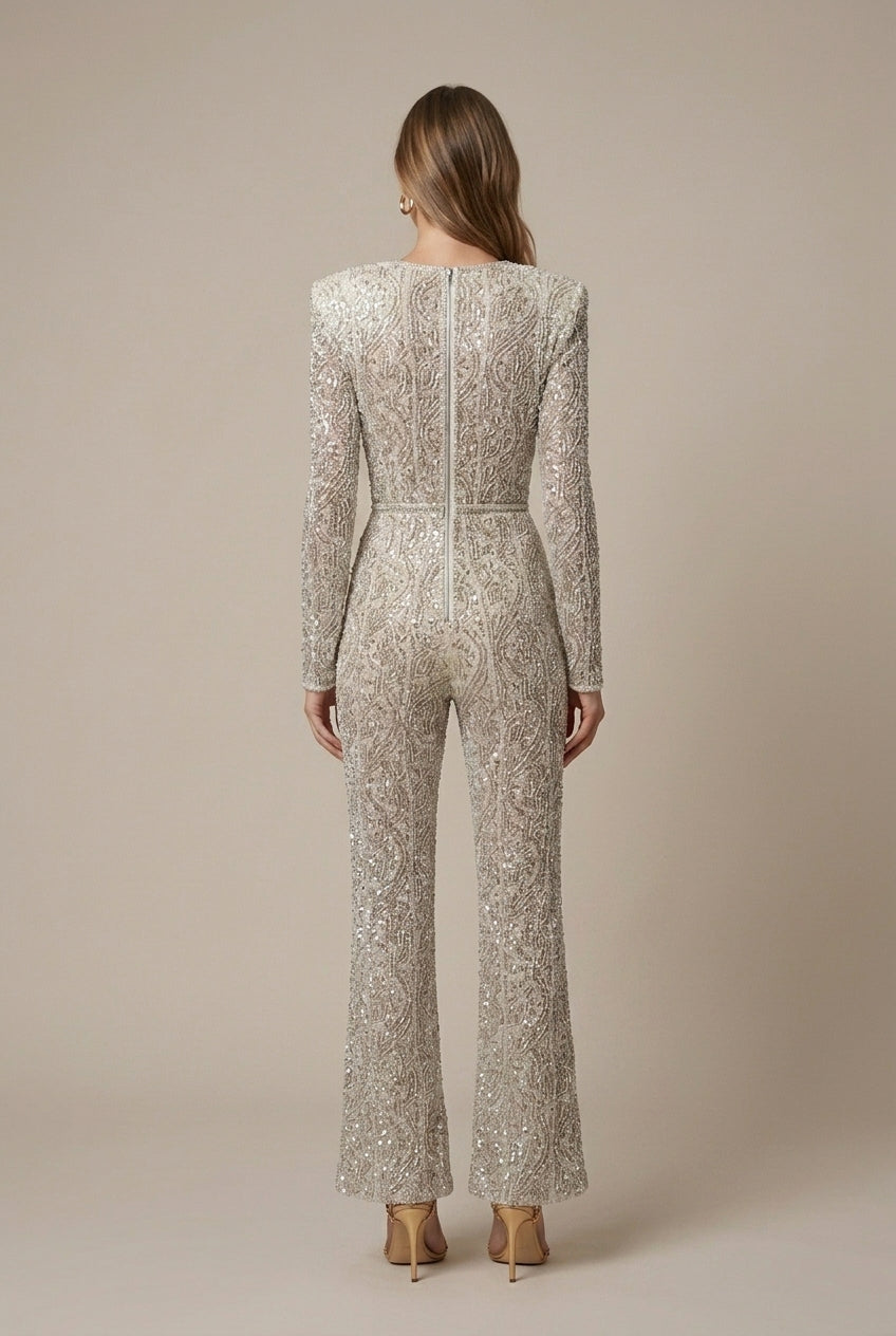 Women's Sequin Deep V-Neck Long Sleeve Wide Leg Jumpsuit