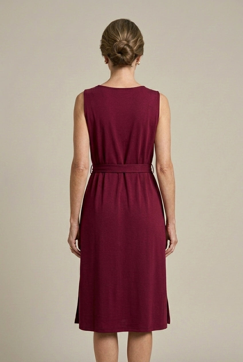 Women's Sleeveless Belted Midi Dress with Side Slit - Summer Dress