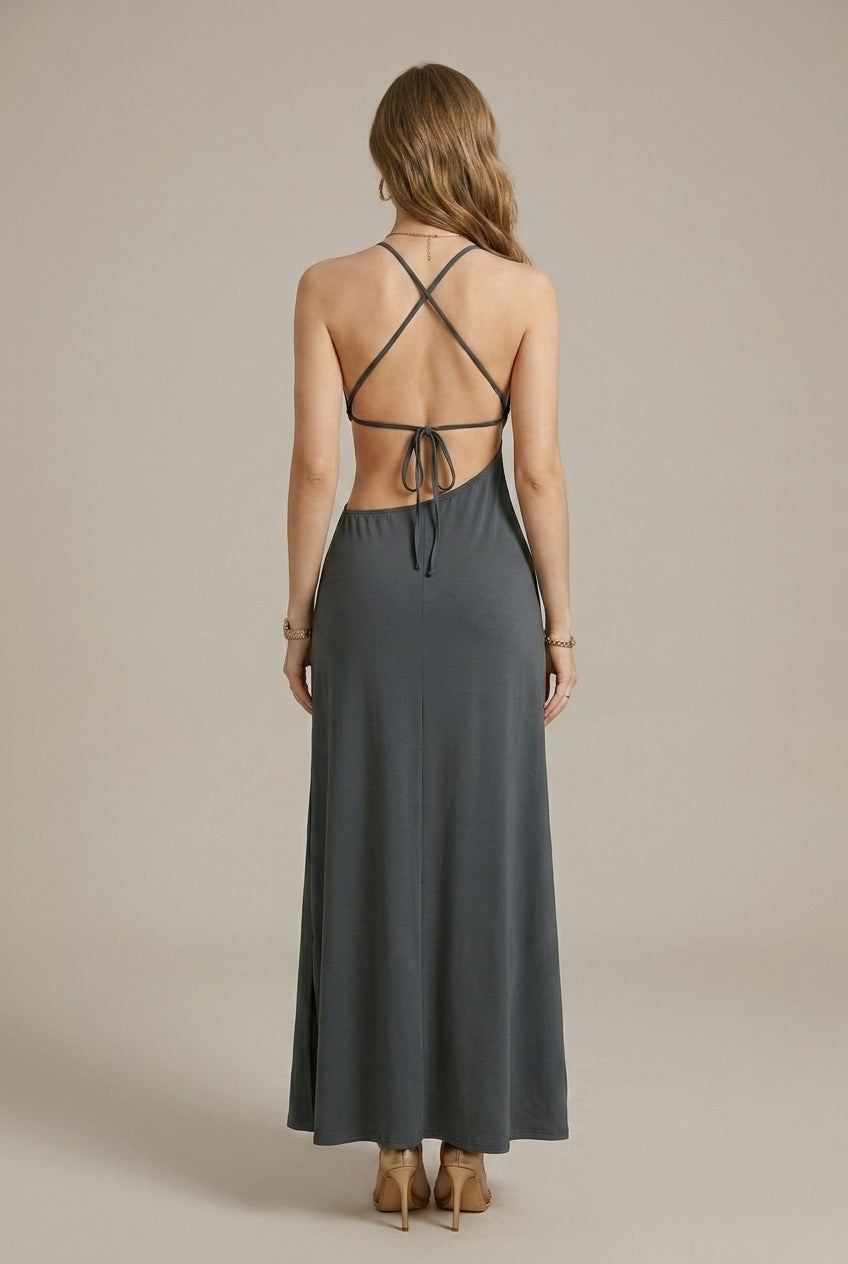 Women's Halter Neck Cut Out Maxi Dress - Sleeveless Floor Length