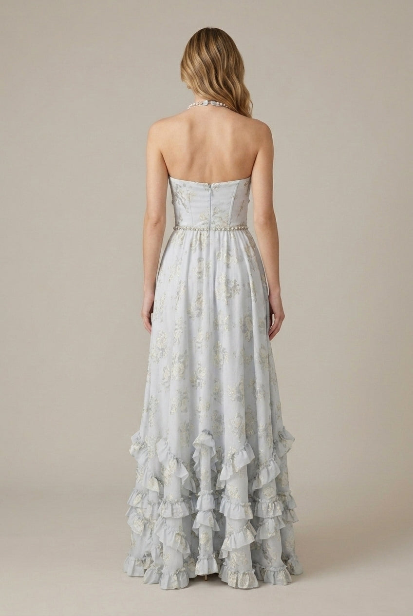 Women's Floral Halter Maxi Dress - V-Neck - Front Slit