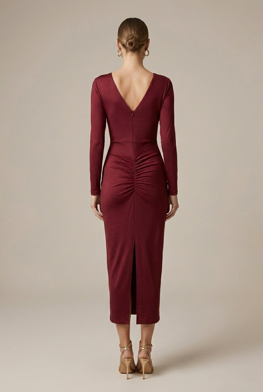 Women's Maxi Dress Deep V-Neck Long Sleeve Twist Knot High Slit