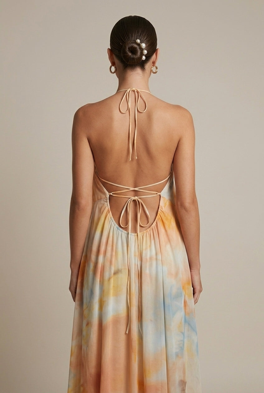 Women's Peach Halter Neck Backless Maxi Dress