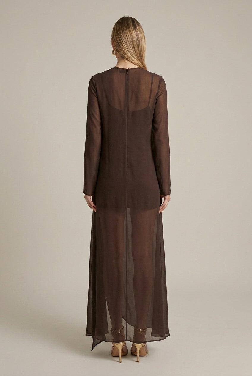 Women's Sheer Mesh High Neck Maxi Dress with Side Tie and Slit