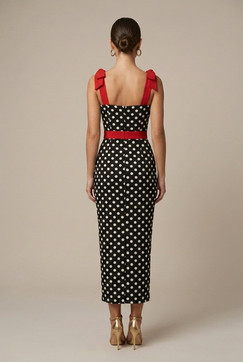Women's Polka Dot Sweetheart Bodycon Maxi Dress - Bow Strap Detail
