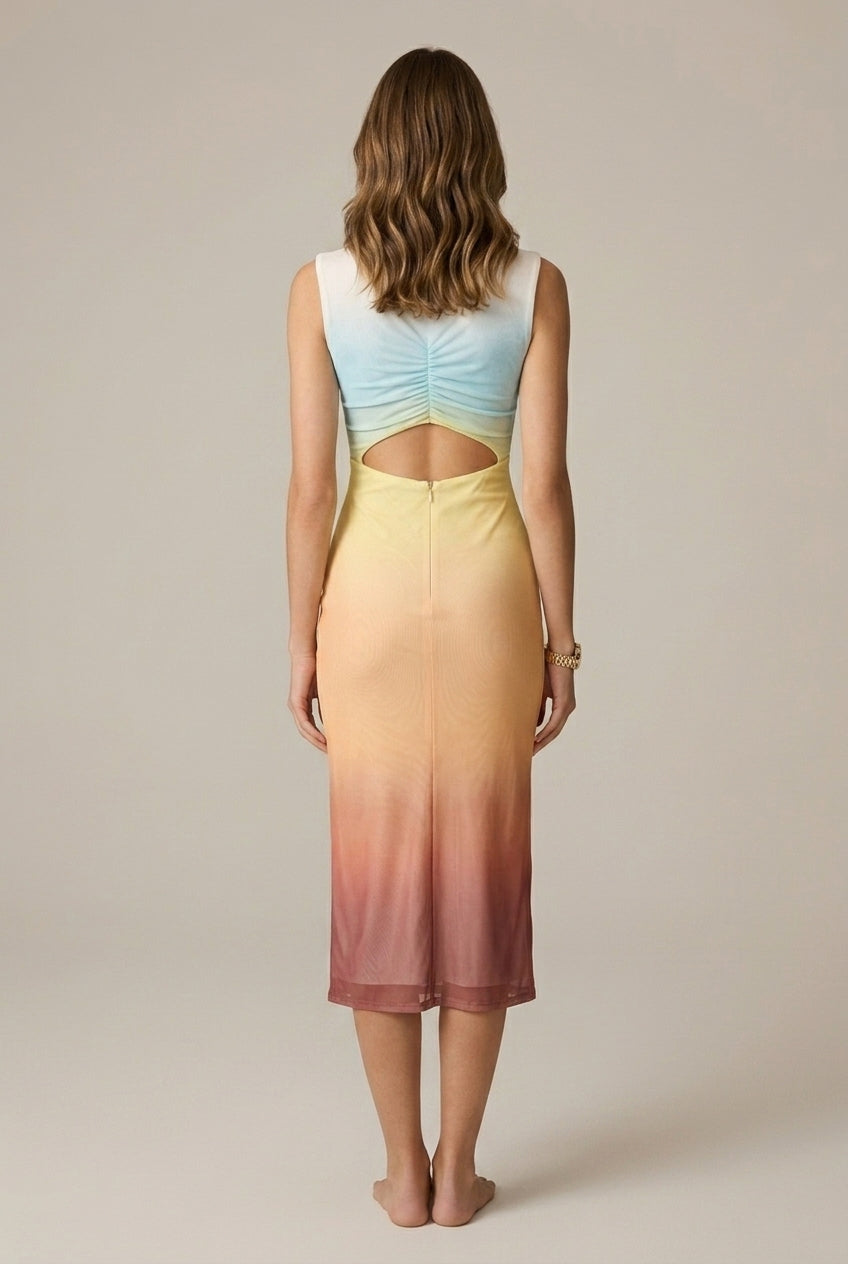 Women's Midi Dress Ombre Sleeveless Mock Neck Draped Bodycon