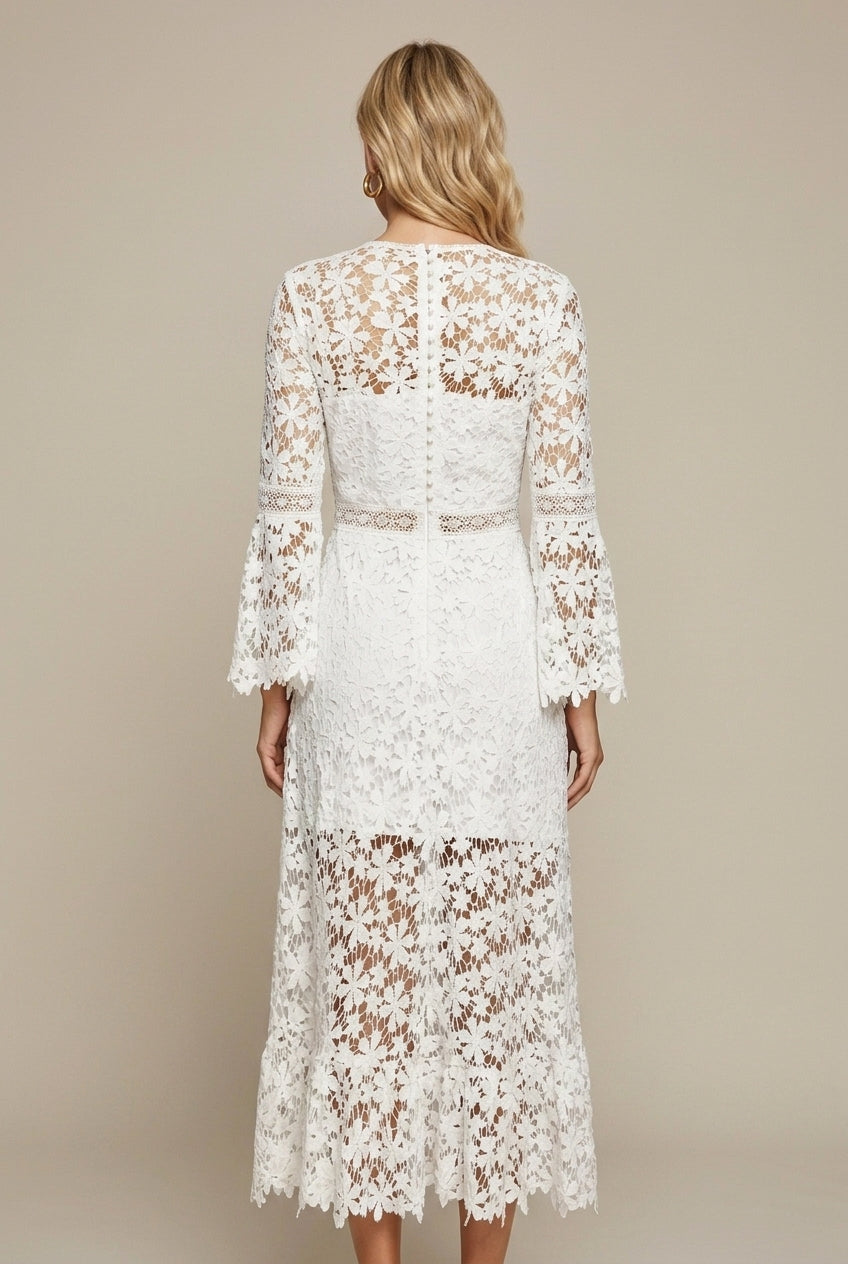 Women's Wedding Guest Lace Long Sleeve V-Neck Maxi Dress with Flared Hem