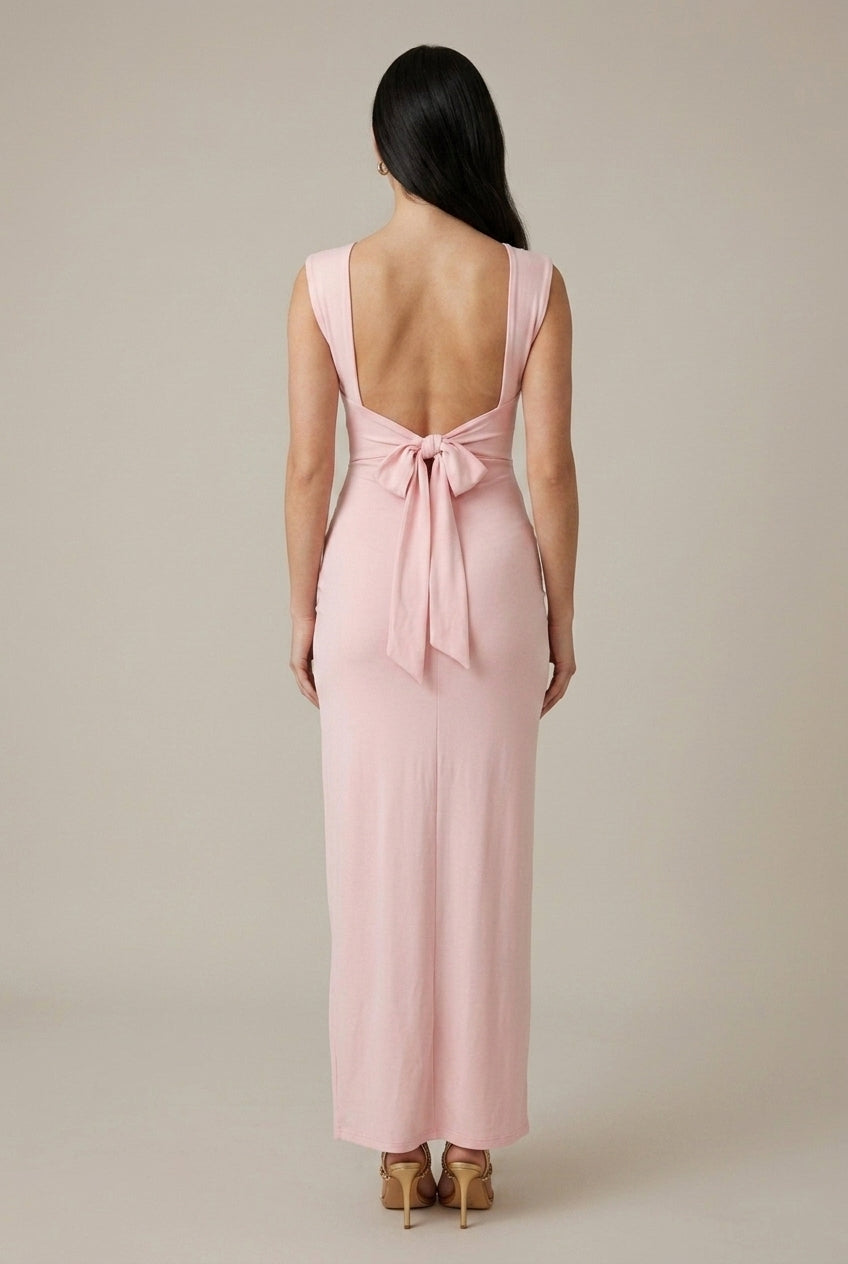 Women's Cowl Neck Maxi Dress with Side Slit and Open Tie Back