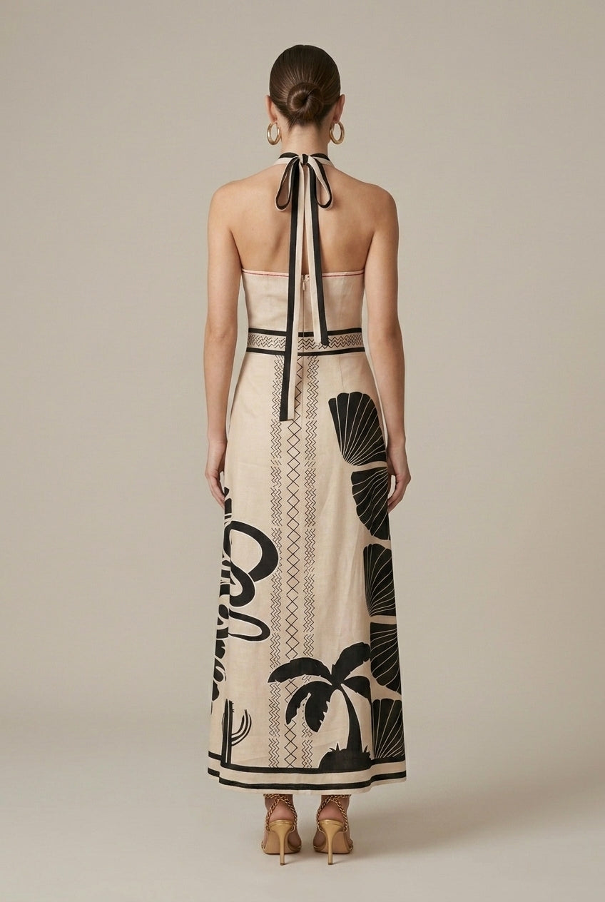 Women's Cross Neck Tropical Print Sleeveless Maxi Dress