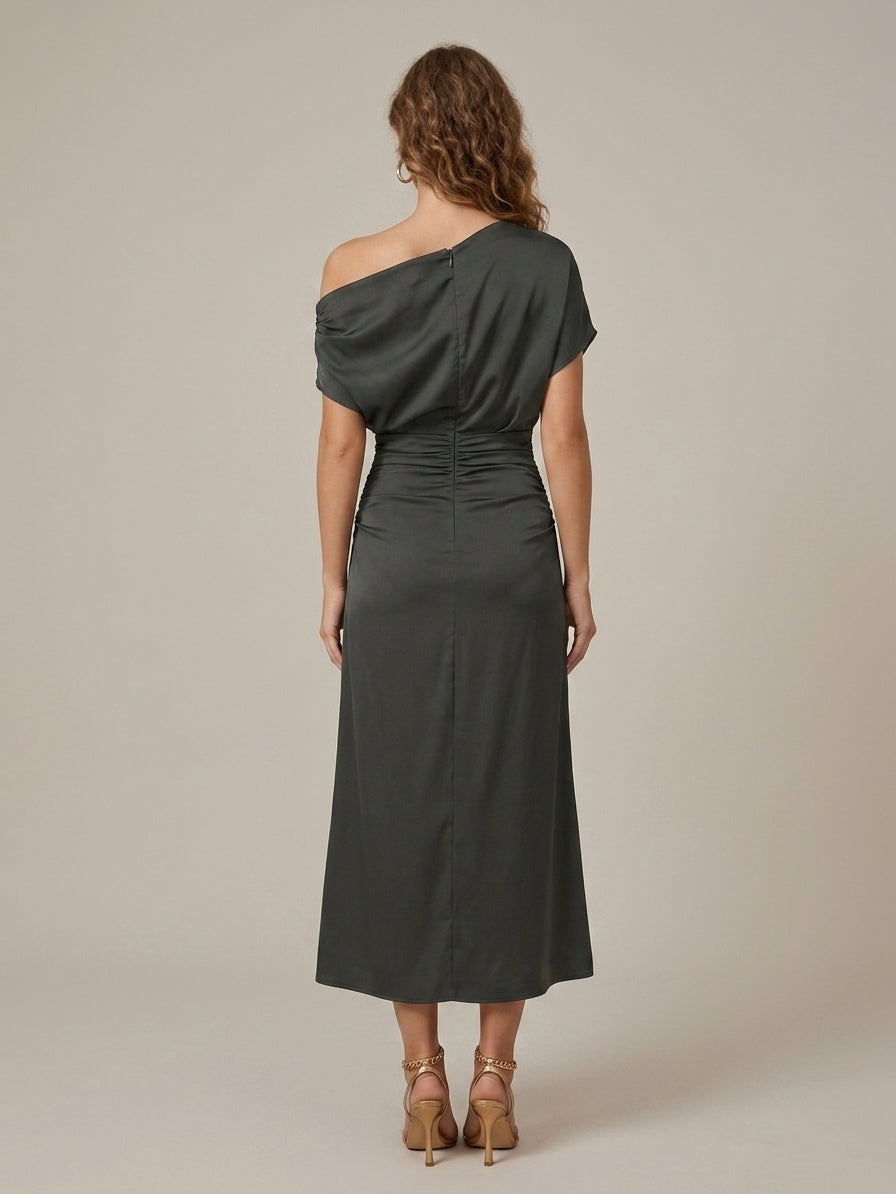 Women's Off Shoulder Asymmetrical Sleeve Side Split Midi Dress