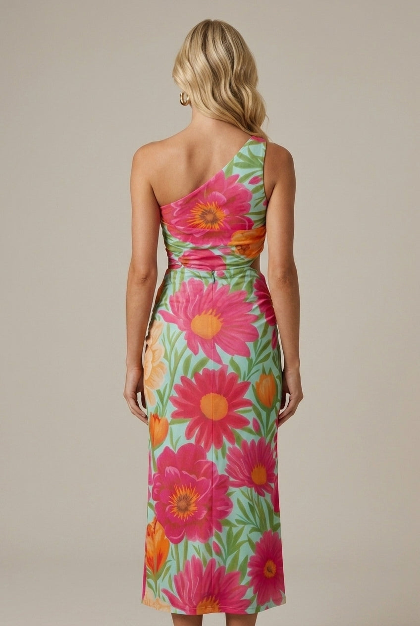 Women's One Shoulder Cutout Waist Side Tie Maxi Dress