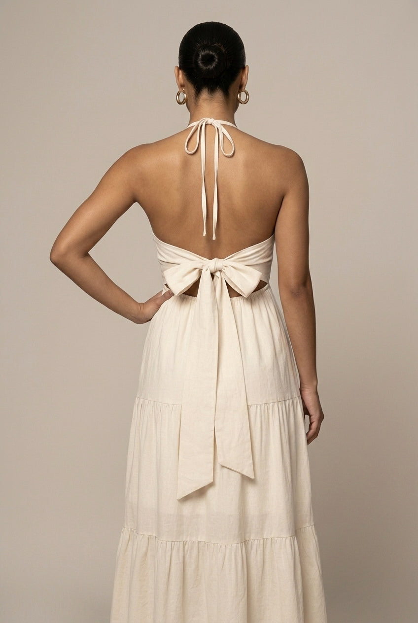 Women's Halter Neck Maxi Dress - Flowy Tiered Skirt with Bow Back