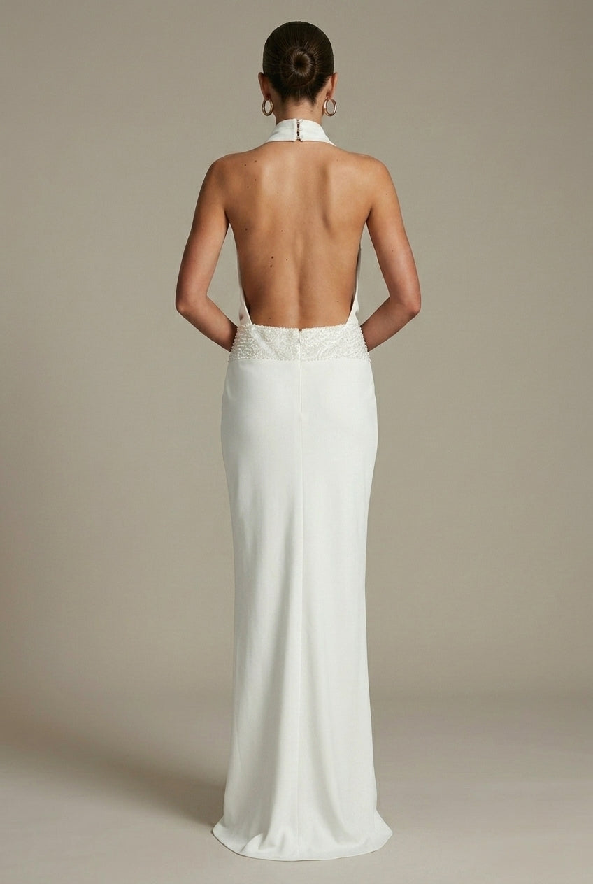 Women's Halter Neck Draped Satin Maxi Dress - Sleeveless Open Back