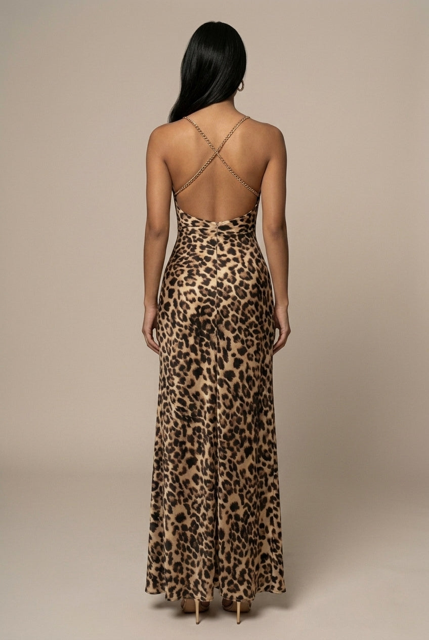 Women's Leopard Print Cowl Neck Maxi Dress with Chain Straps and High Slit