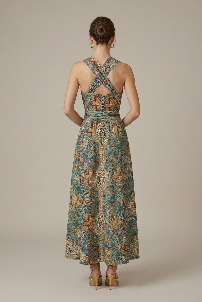 Women's Printed Halter Neck Sleeveless High Slit Maxi Dress