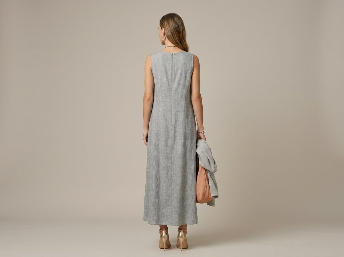 Women's Linen Midi Dress V-Neck