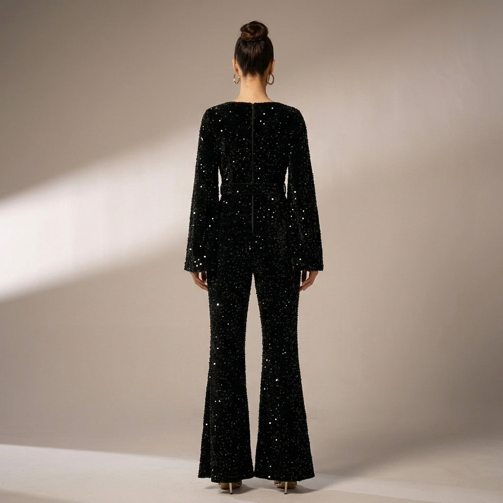 Women's Sequin V-Neck Long Sleeve Flared Leg Jumpsuit