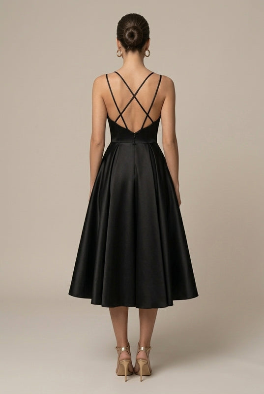 Women's V-Neck Midi Dress - Flowy A-Line Skirt - Double Strap
