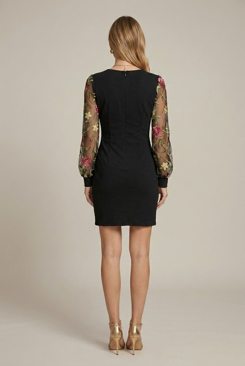 Women's Sheer Mesh Bodycon Dress - Floral Embroidered