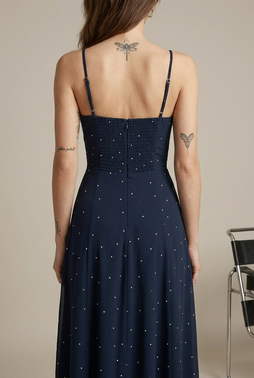 Women's Polka Dot V-Neck Smocked Back Maxi Slip Dress