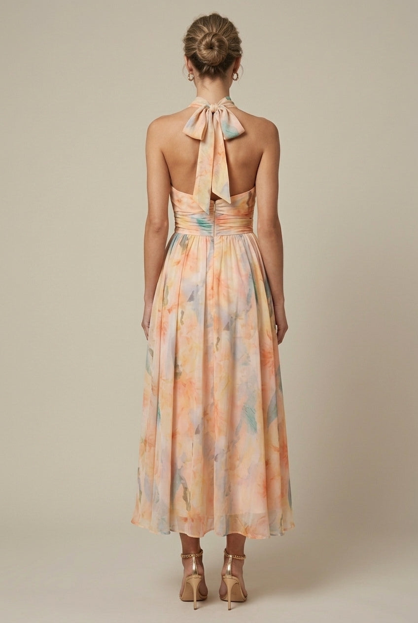 Women's Floral Halter Neck Maxi Dress - Tie Back - Wedding Guest