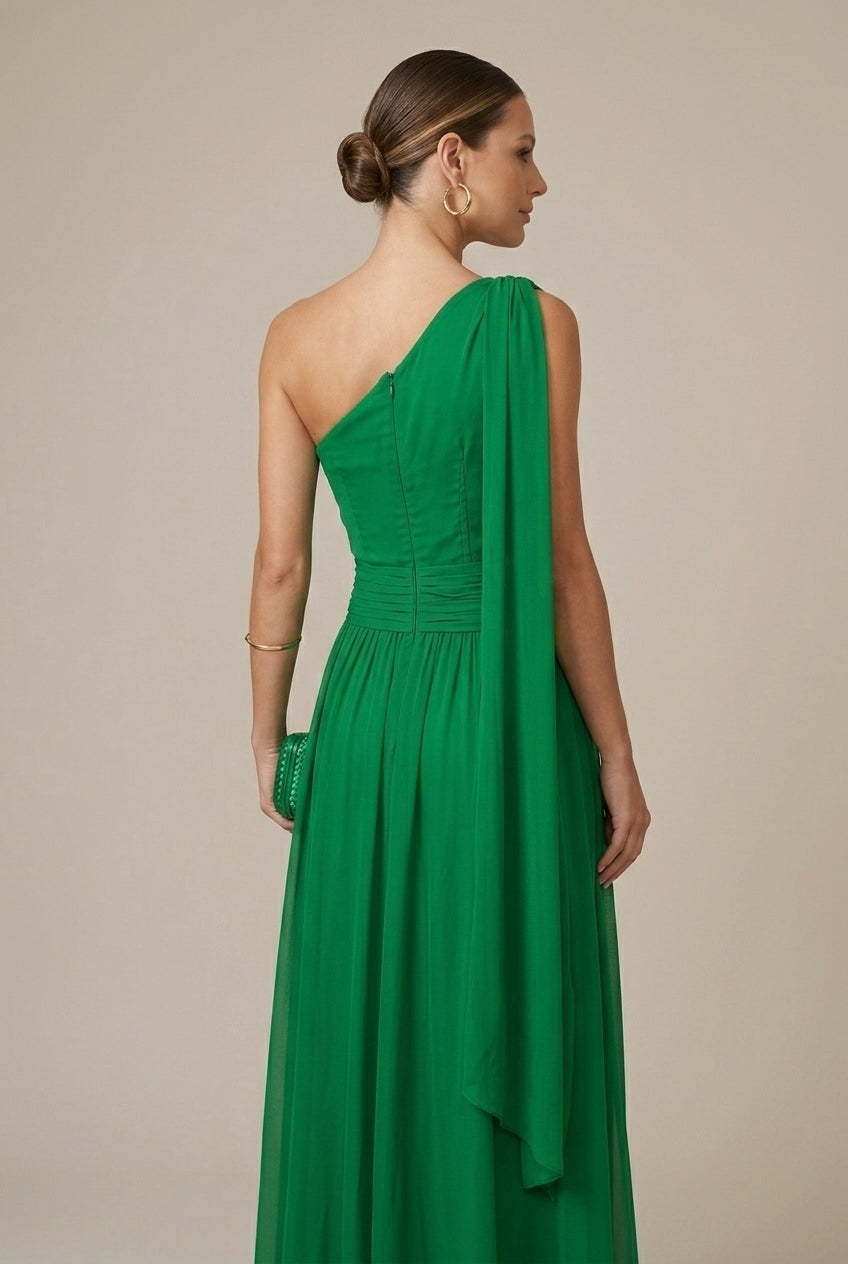 Women's One Shoulder Pleated Maxi Dress with Cutout Waist