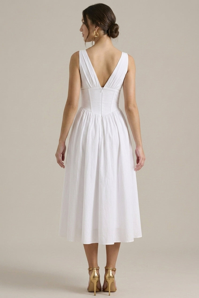 Women's Sleeveless V-Neck Floral Midi Dress with Tie Straps