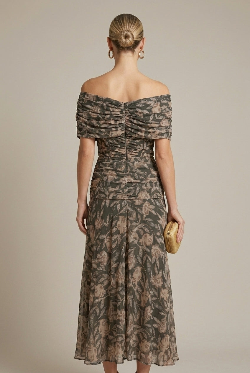Women's Black Floral Midi Dress V-Neck - Off Shoulder