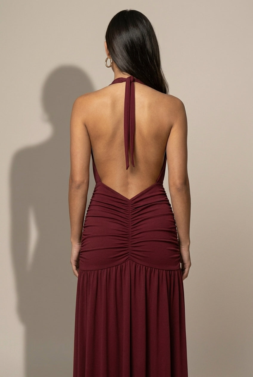 Women's Halter Neck Maxi Dress Plunge Ruched