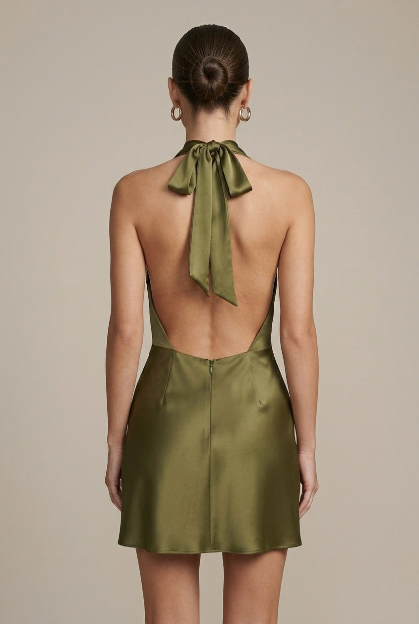 Women's Satin Halter Mini Dress - Cowl Neck - Backless - Zipper