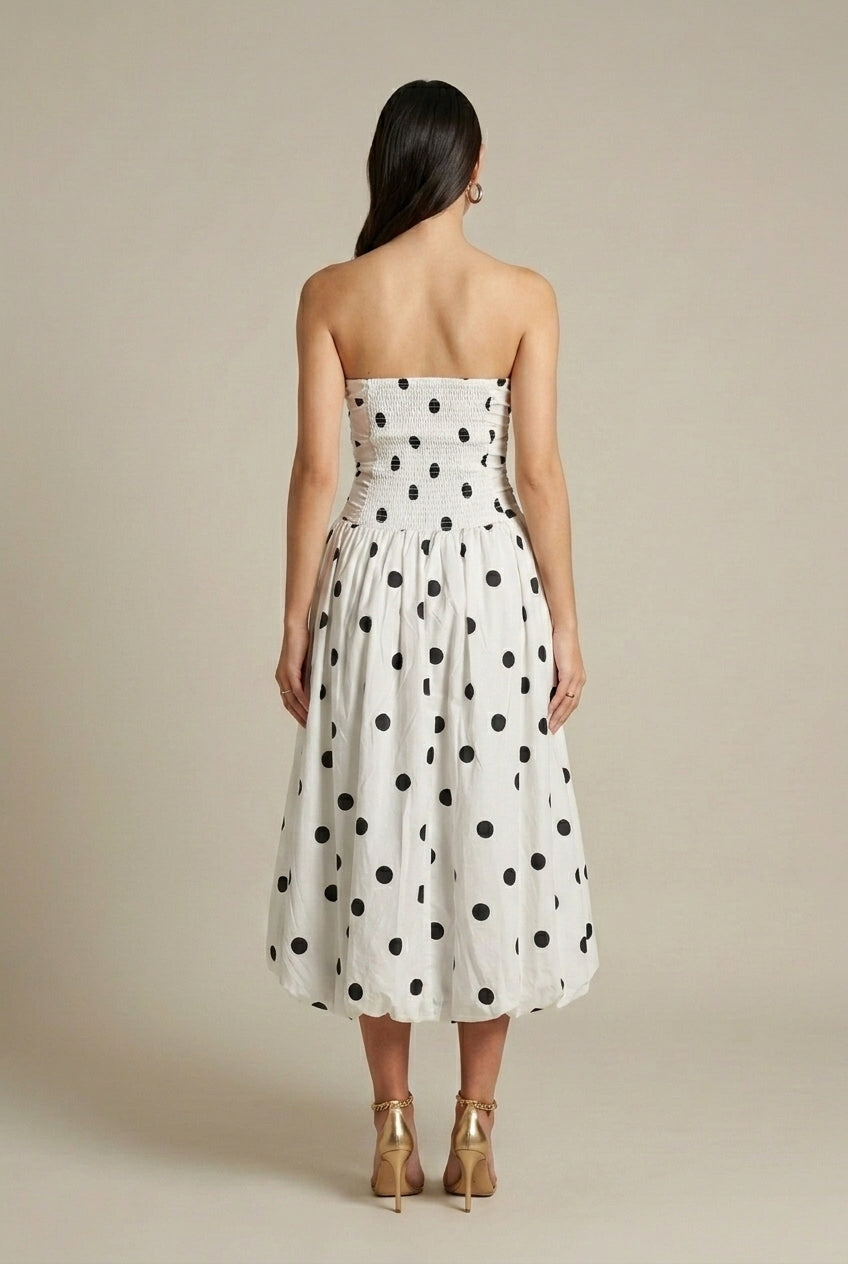 Women's Polka Dot Strapless Ruched Bubble Hem Midi Dress
