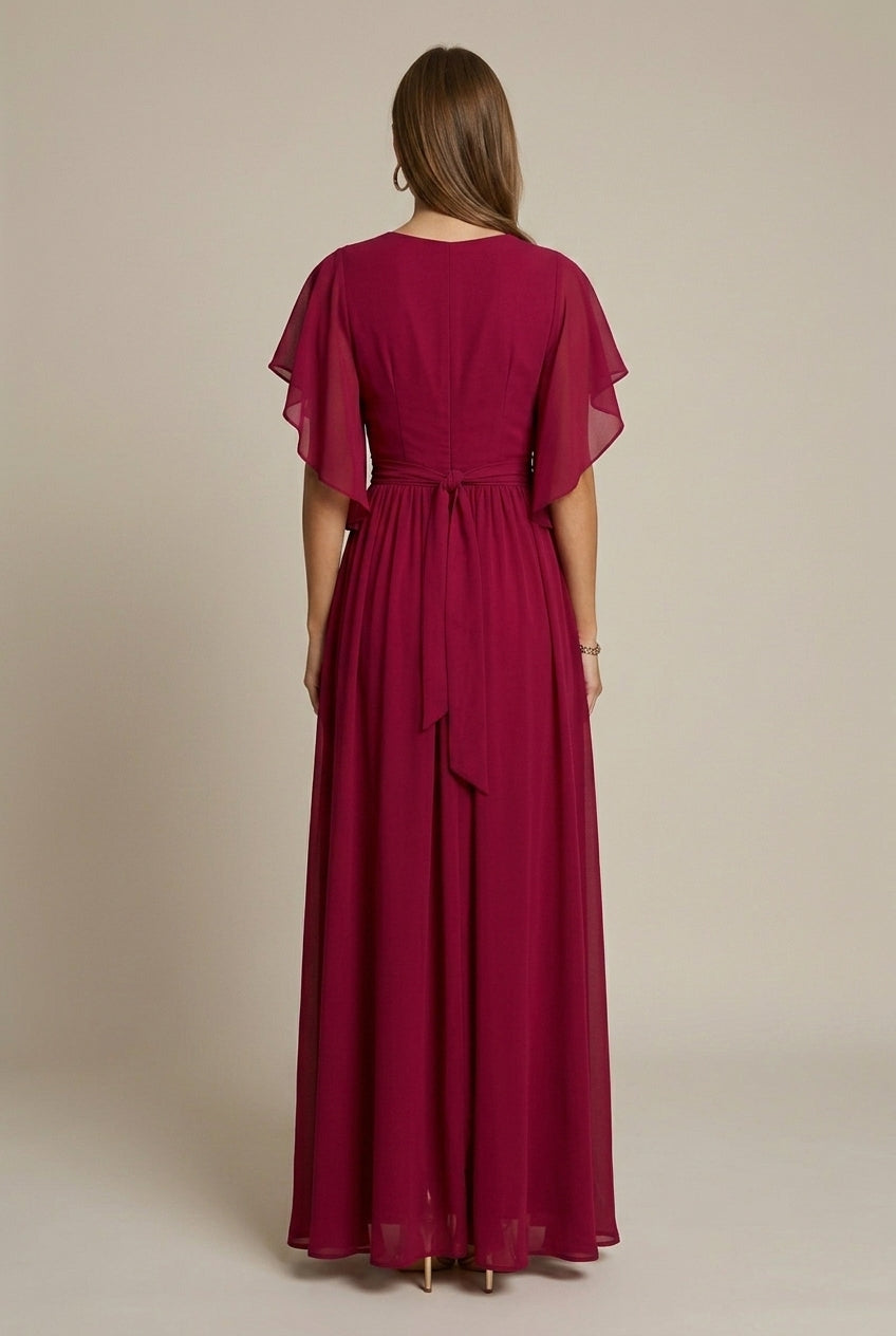 Women's Wrap Maxi Dress V-Neck Flutter Sleeve