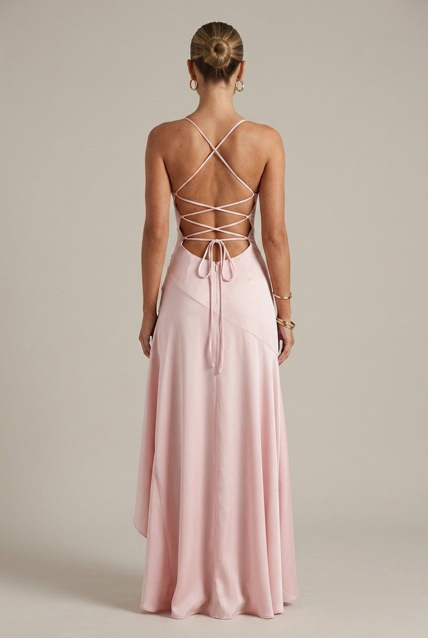 Women's Satin Maxi Dress Cowl Neck High Slit