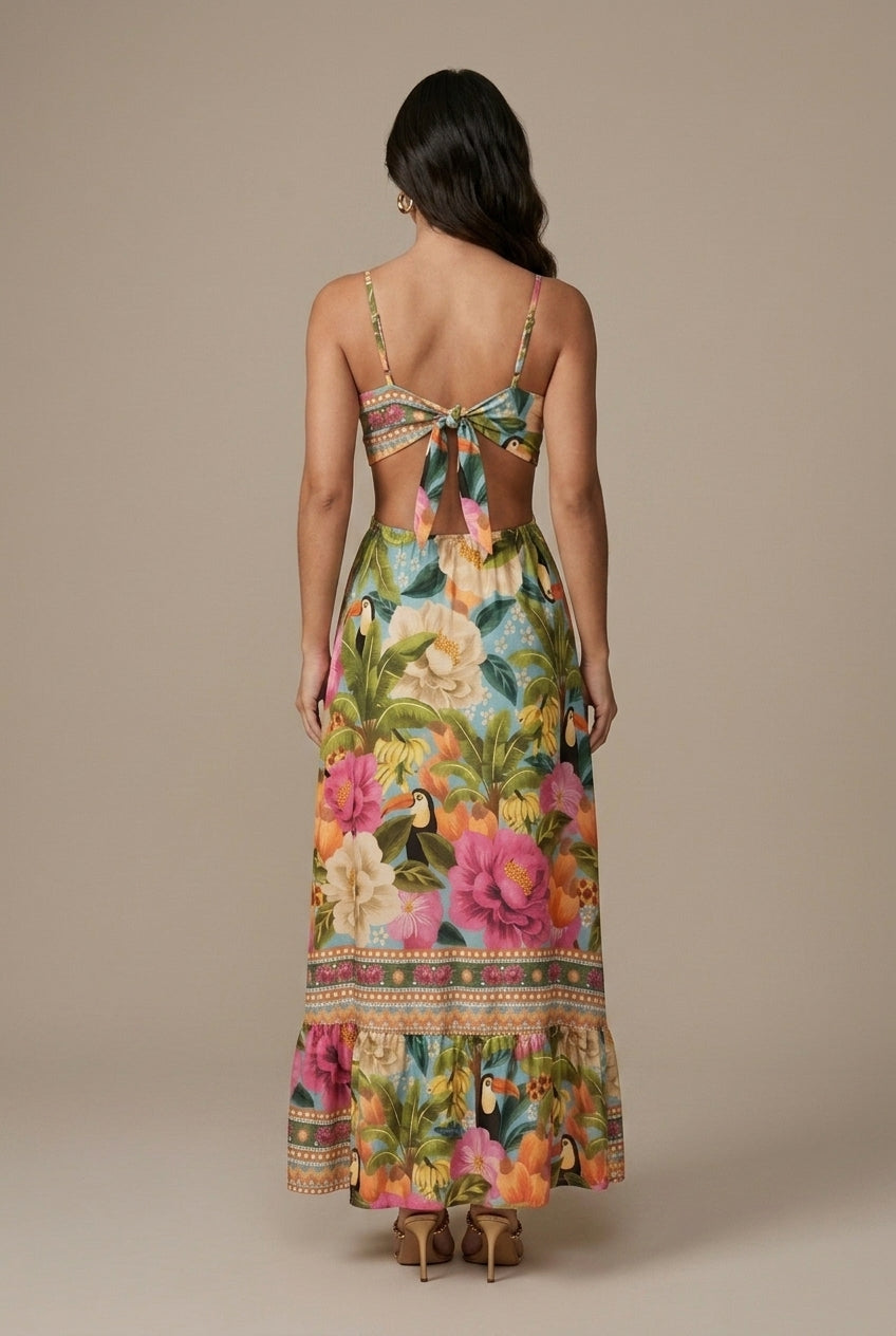 Women's Bohemian Floral Print Spaghetti Strap V-Neck Maxi Dress