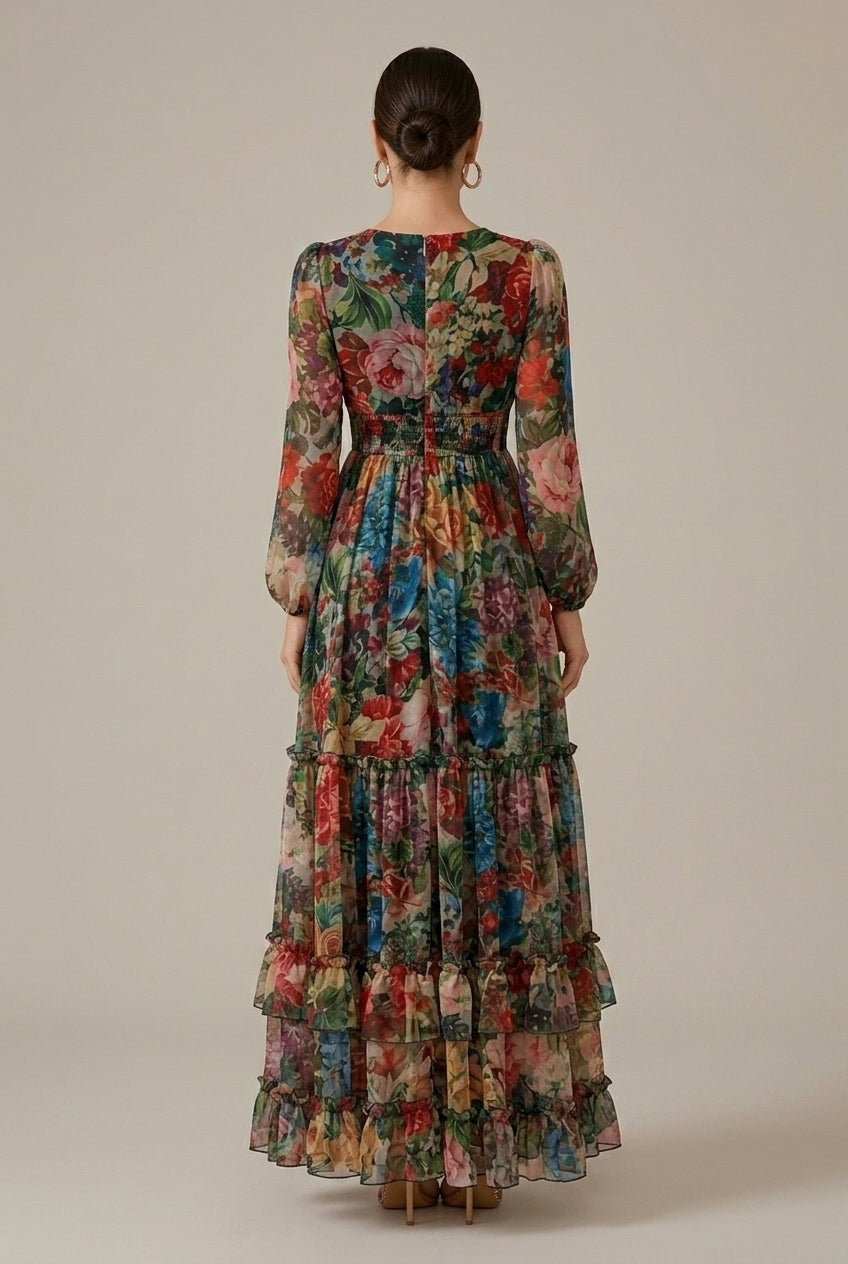 Women's Floral Long Sleeve V-Neck Tiered Ruffle Maxi Dress
