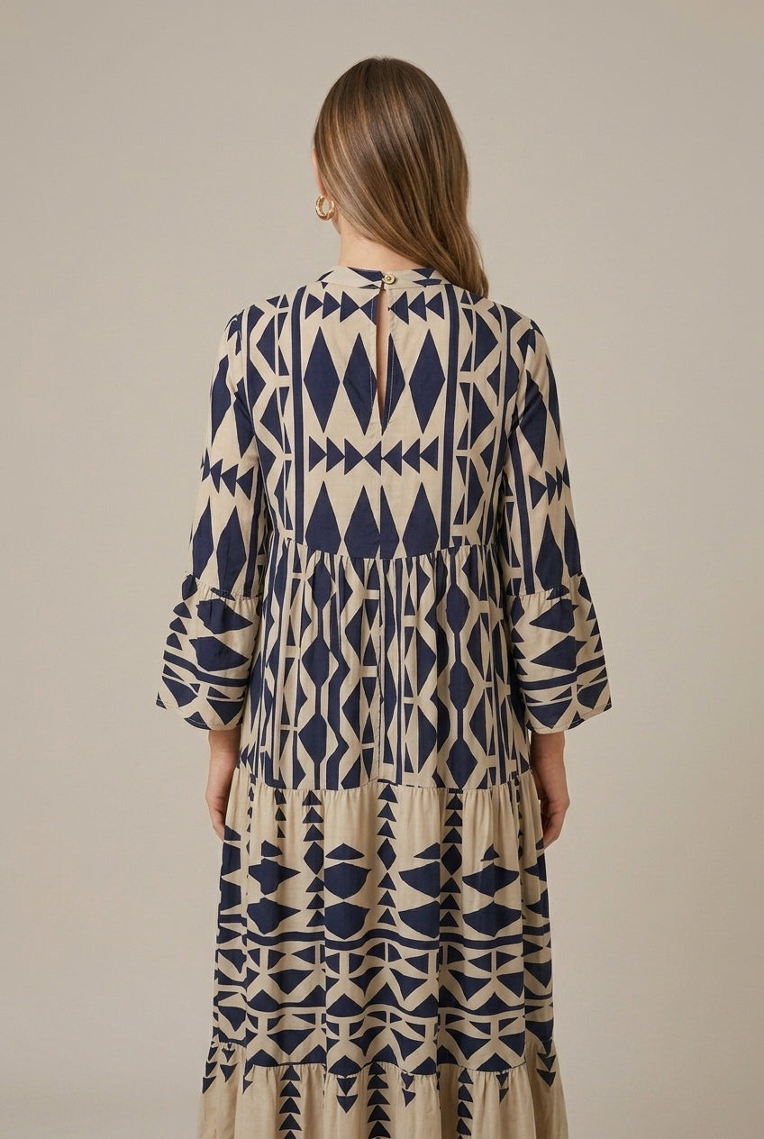 Women's Geometric Print Maxi Dress Tiered V-Neck