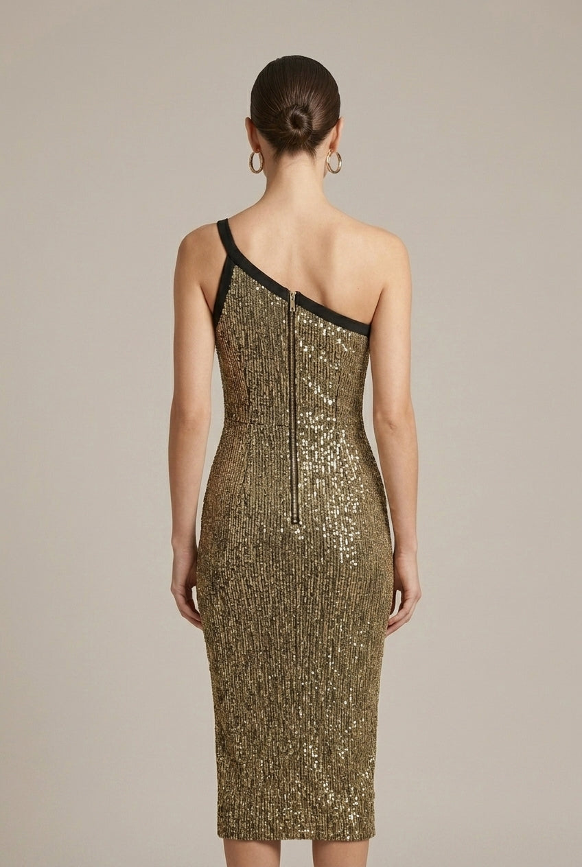 Women's Single Shoulder Metallic Thread Sequined Cocktail Midi Dress