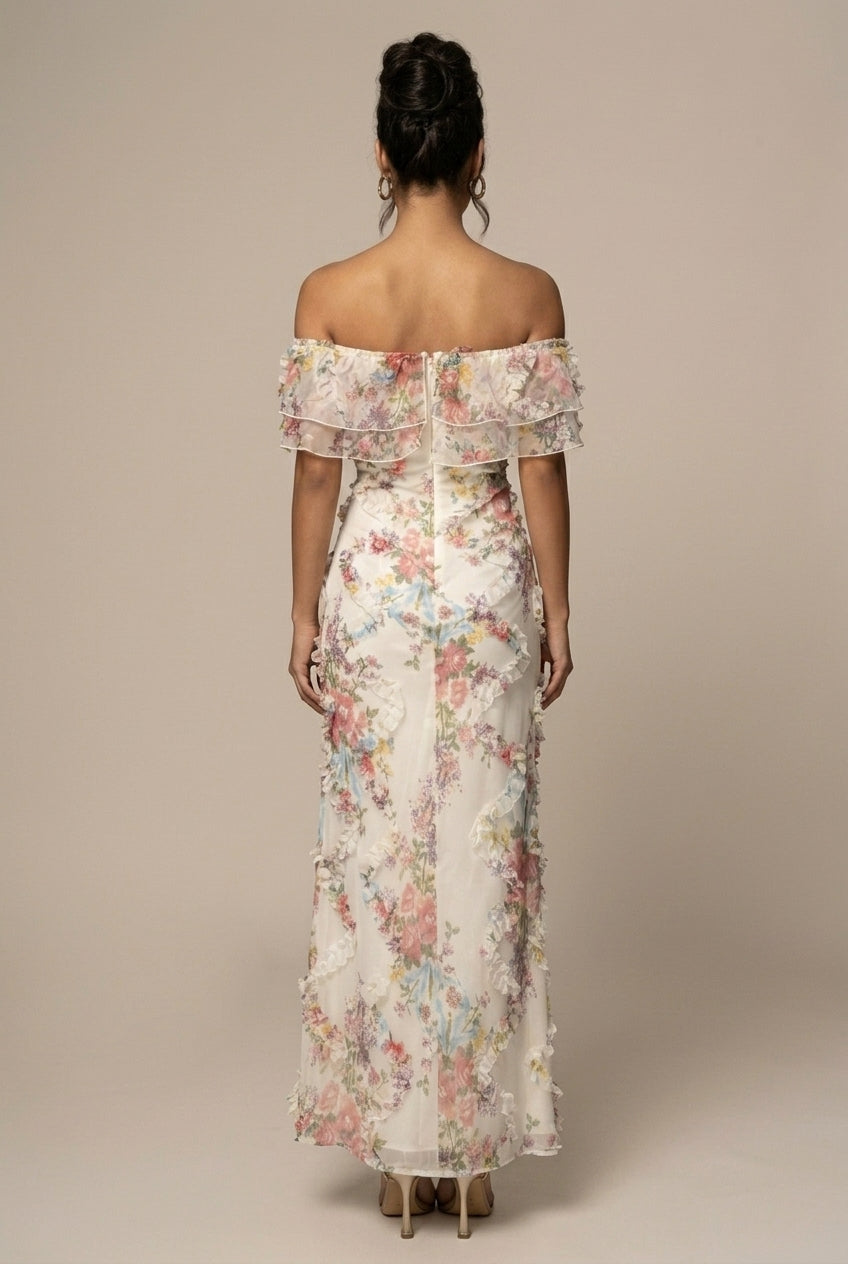 Women's Floral Off Shoulder Ruffle Trim Bodycon Maxi Dress