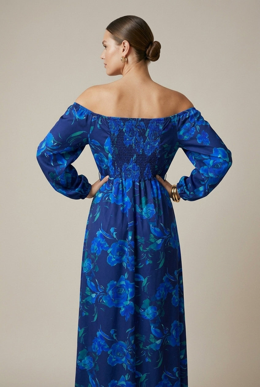 Women's Blue Floral Maxi Dress Off-Shoulder