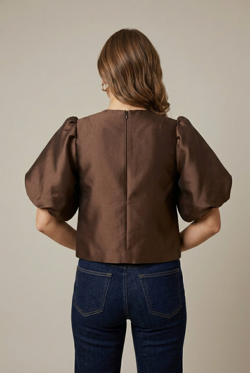 Women's Satin Puff Sleeve Cropped Blazer - Button Front Jacket