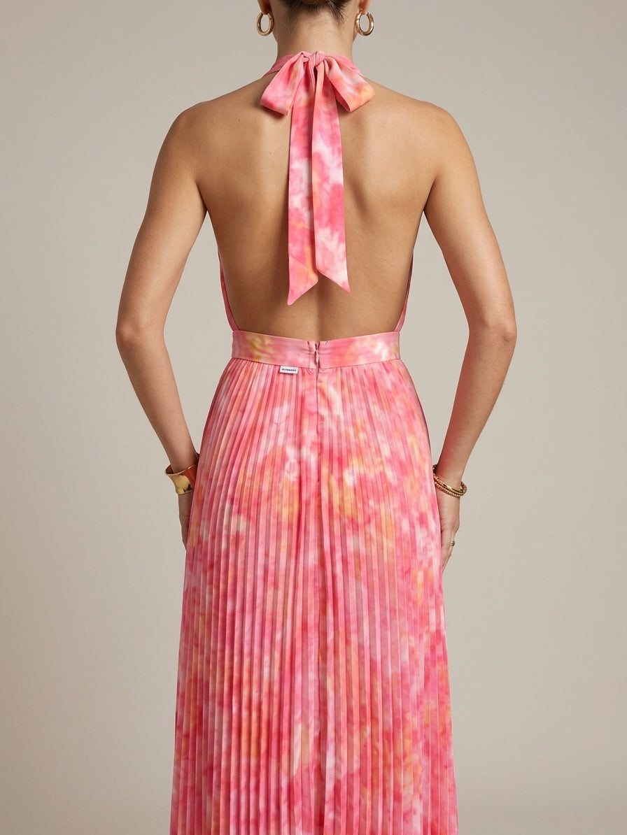Women's Deep V Halter Pleated Maxi Dress - Tie Back Belted