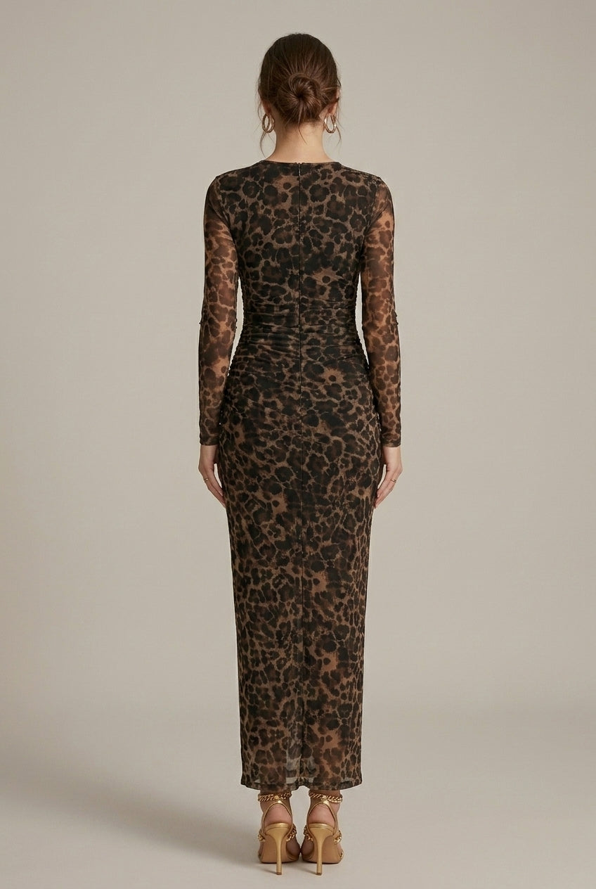 Women's Leopard Print Long Sleeve Ruched Bodycon Maxi Dress