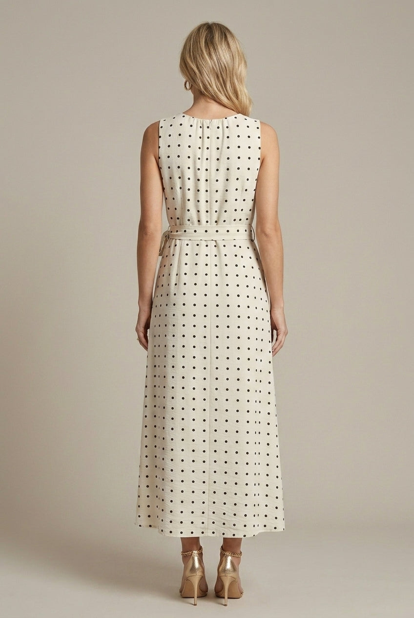 Women's Polka Dot Midi Dress Sleeveless Belted