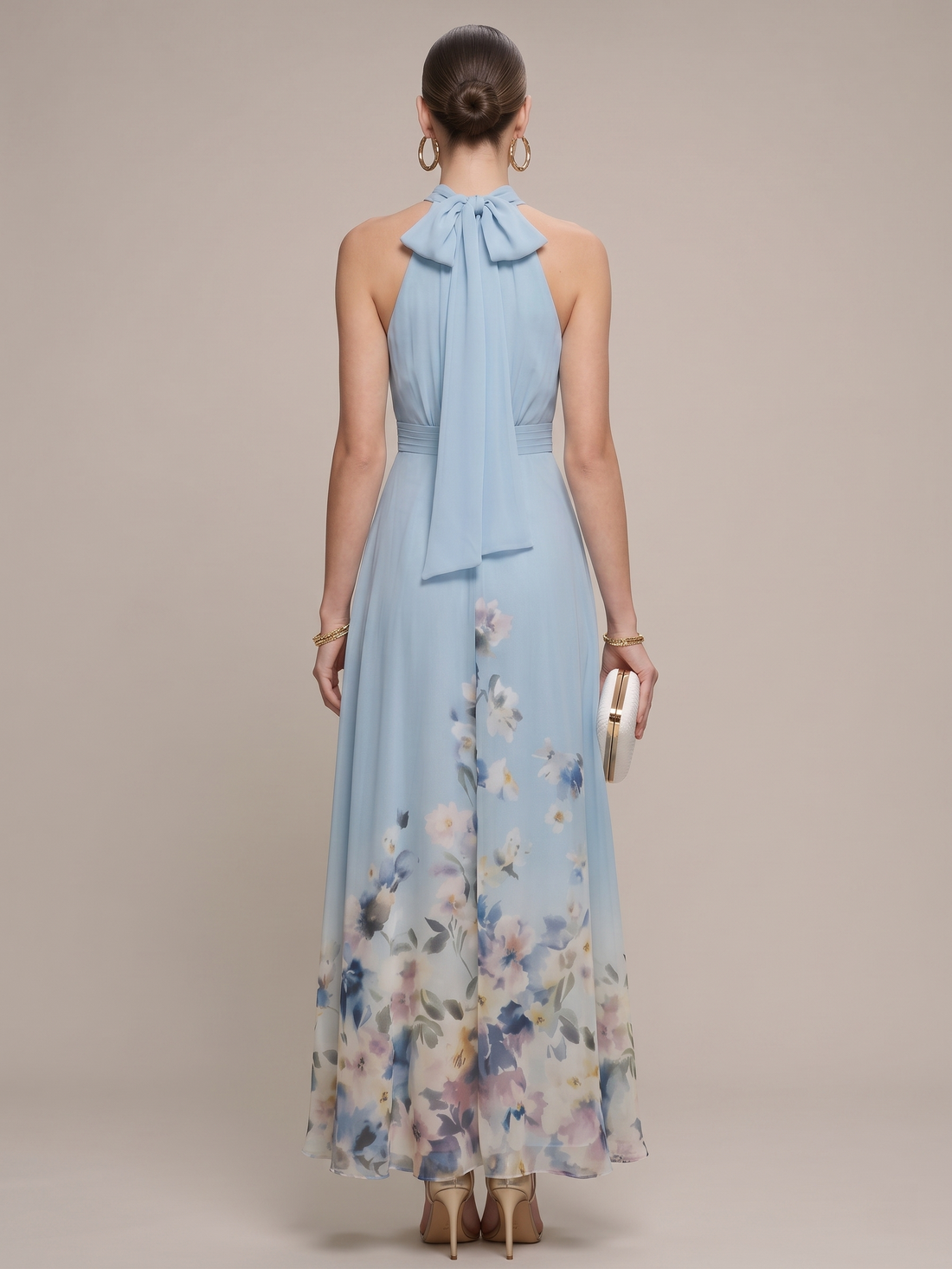 Women's Chiffon Halter Neck Floral Border Print A-Line Maxi Dress