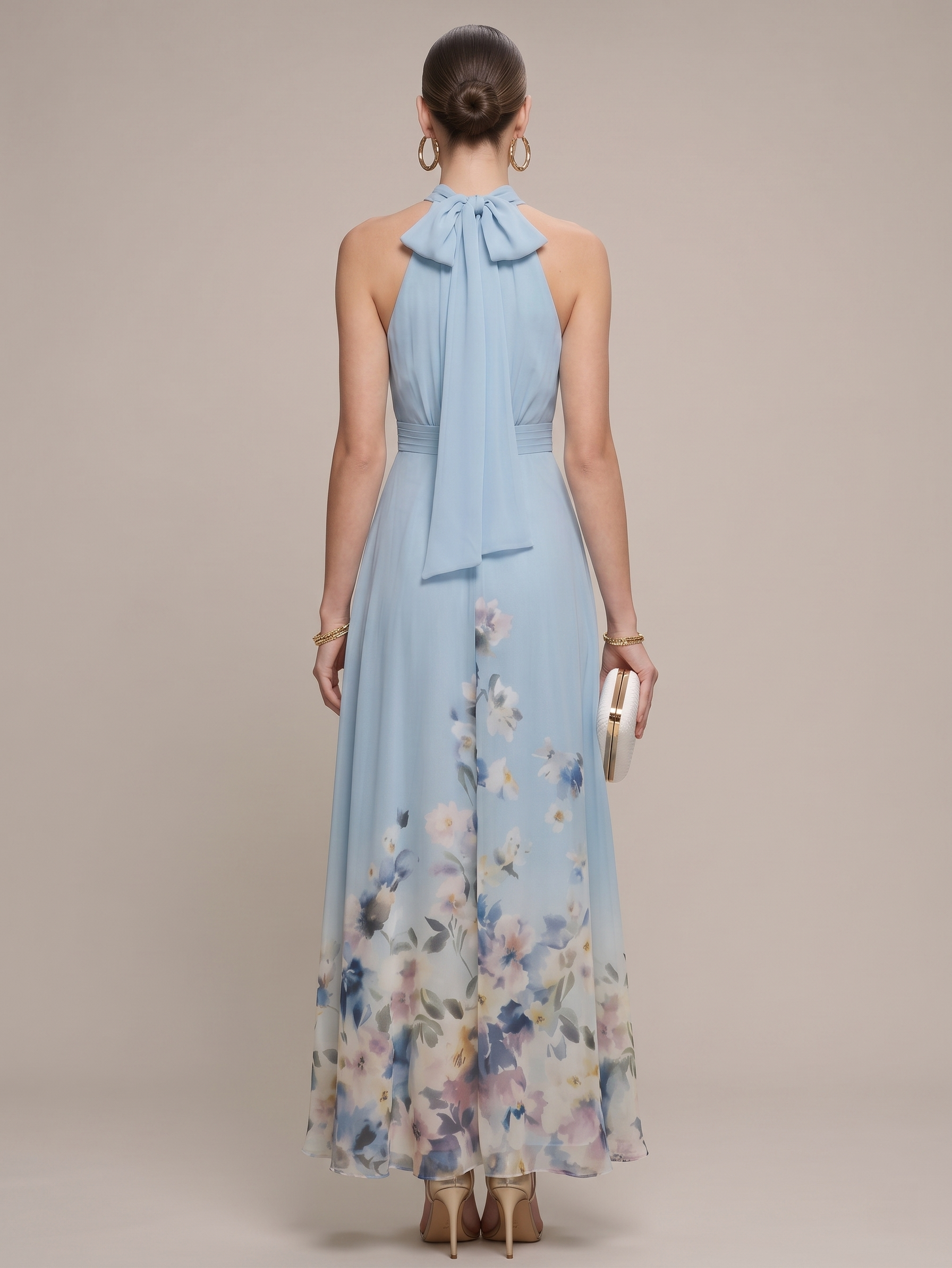 Women's Chiffon Halter Neck Floral Border Print A-Line Maxi Dress