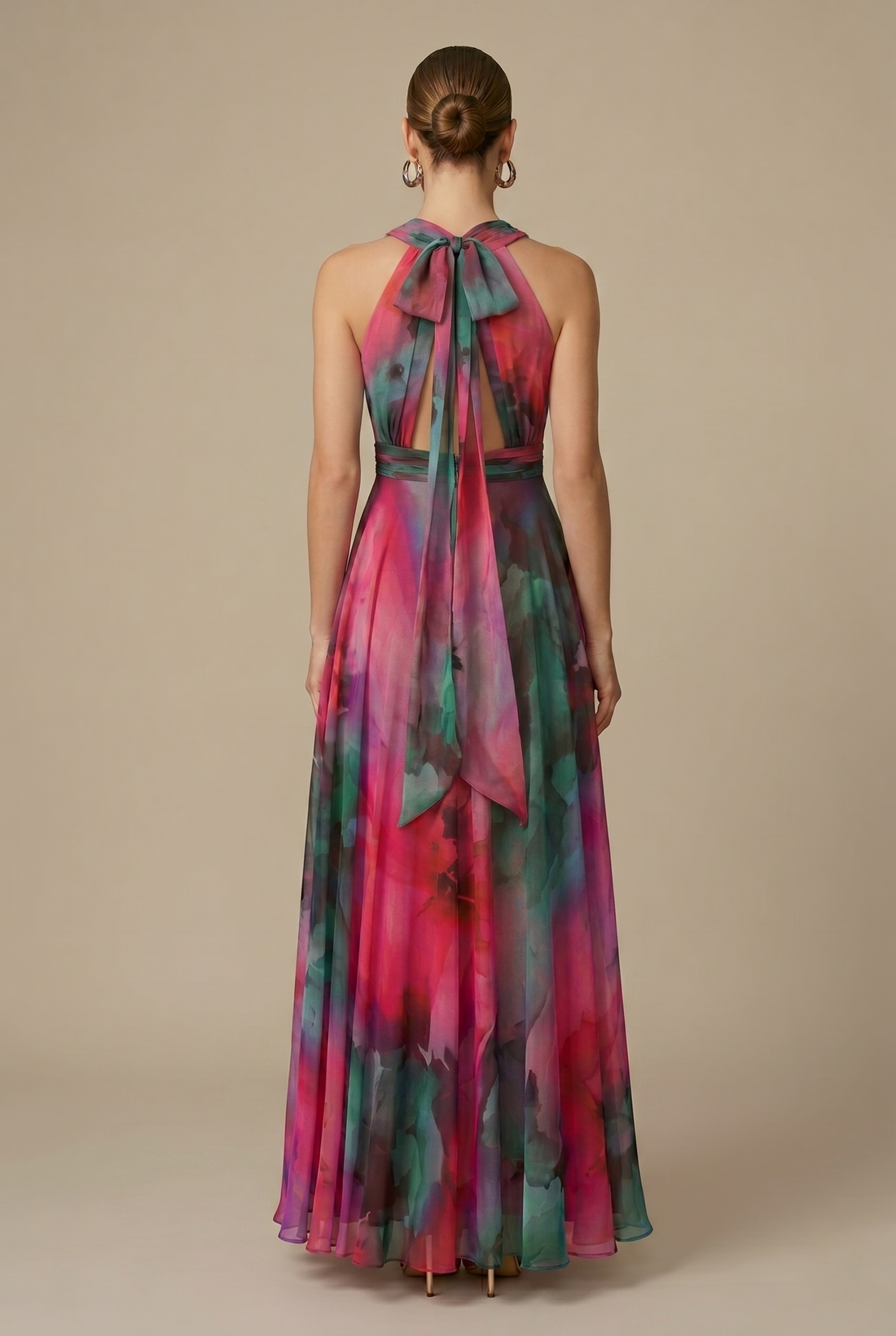 Women's Tulle Floral Print Cutout Halter Tie Neck Maxi Dress