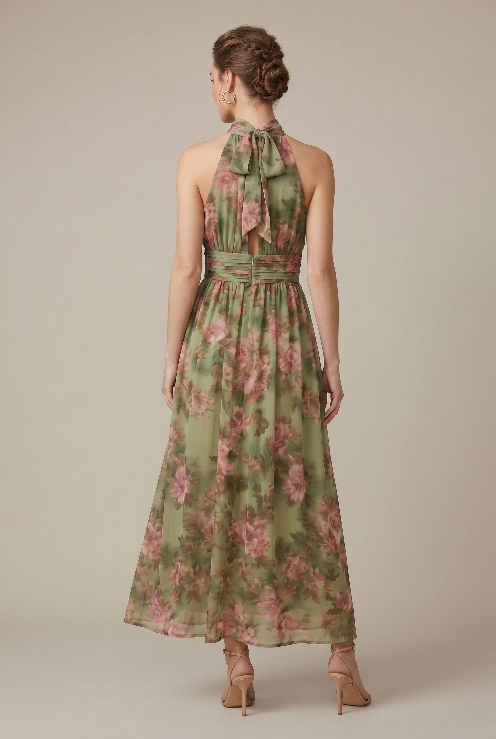 Women's Floral Chiffon Halter Maxi Dress - Wrap Waist Sleeveless
