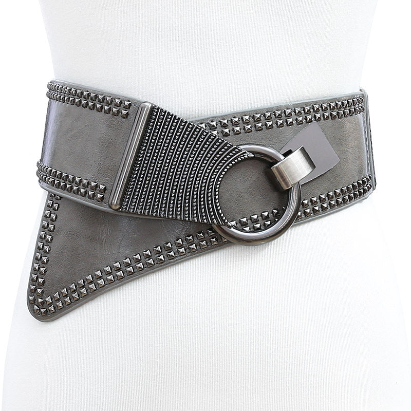 Women's Wide Studded Belt with Ring Buckle - Elastic Waist Belt