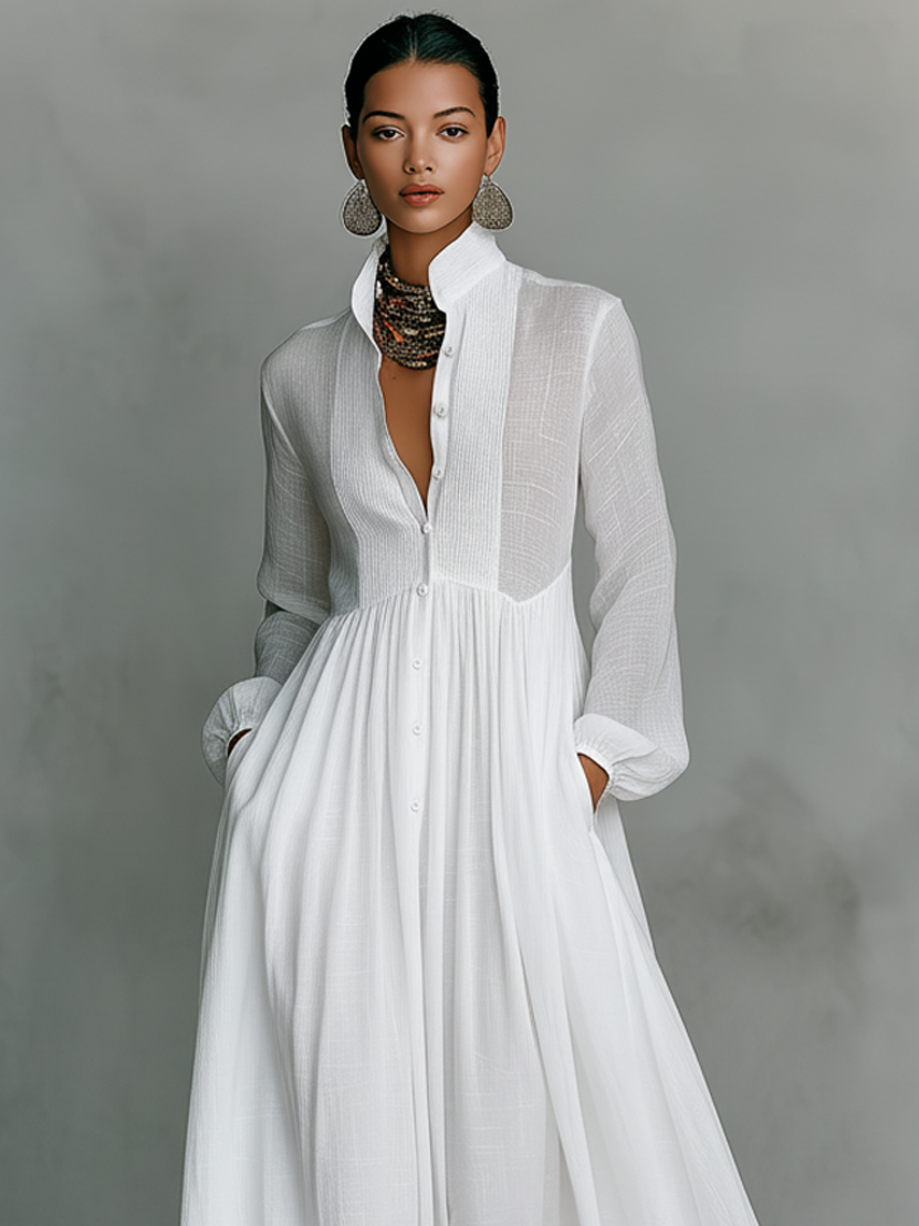 Women's Cotton Linen Maxi Dress Stand-Up Collar