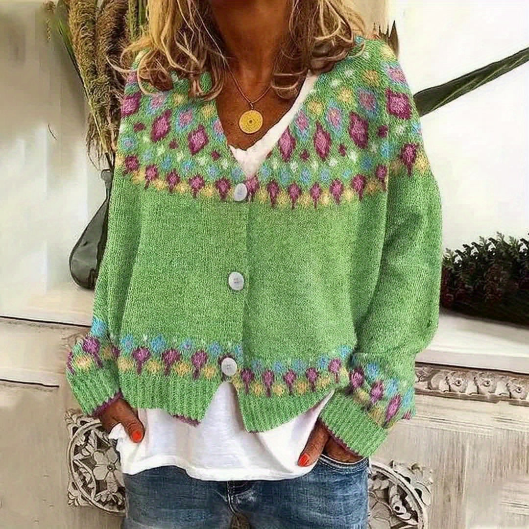 Button Front Cardigan with Nordic Geometric Pattern and V Neckline